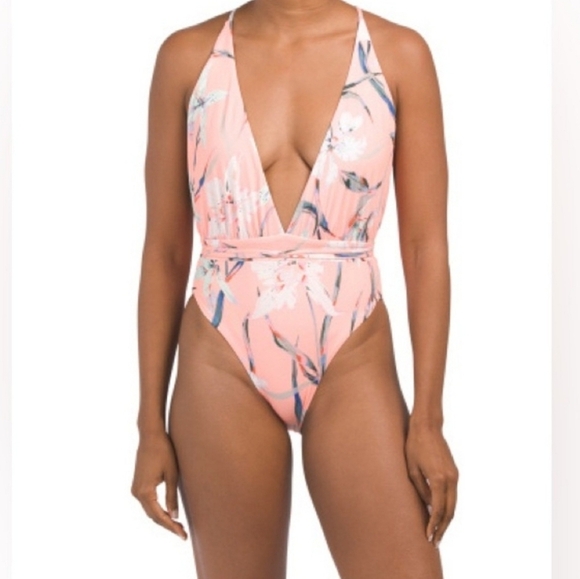Maaji Reversible Floral Plunge Coral Peach Swimsuit NEW - Picture 7 of 9